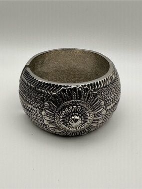 Ornate Silver-Tone Floral Cuff Bracelet